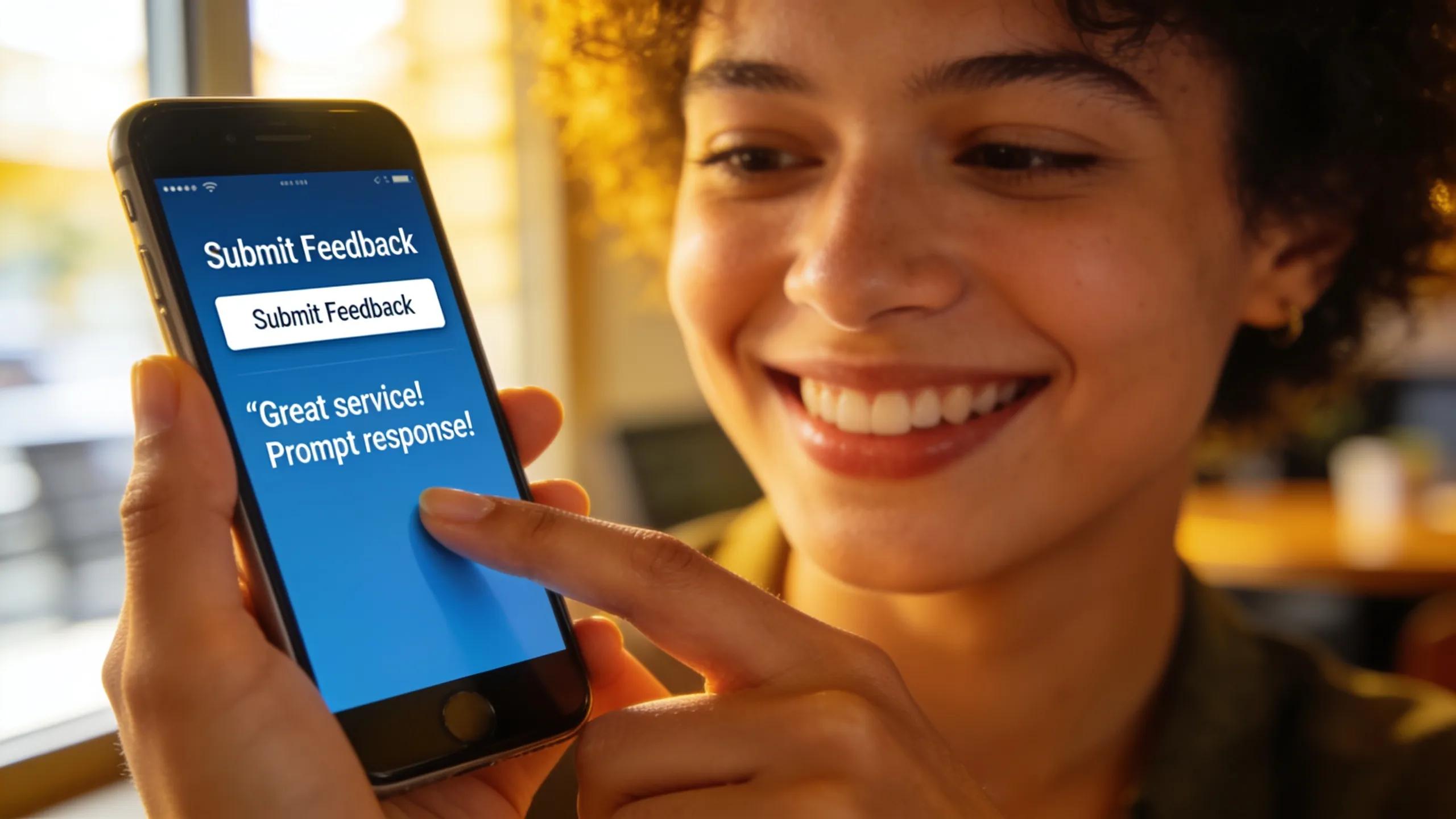Satisfied customer providing positive feedback through a smartphone, emphasizing fast customer service