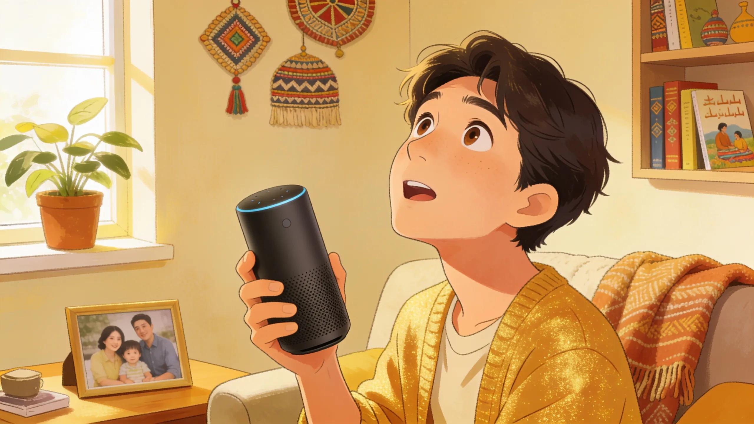 Person using a voice-activated device to inquire about local services