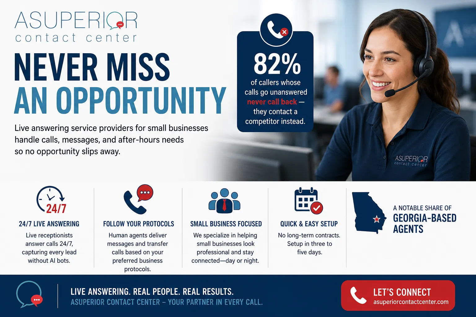 Live answering service receptionist assisting small business calls