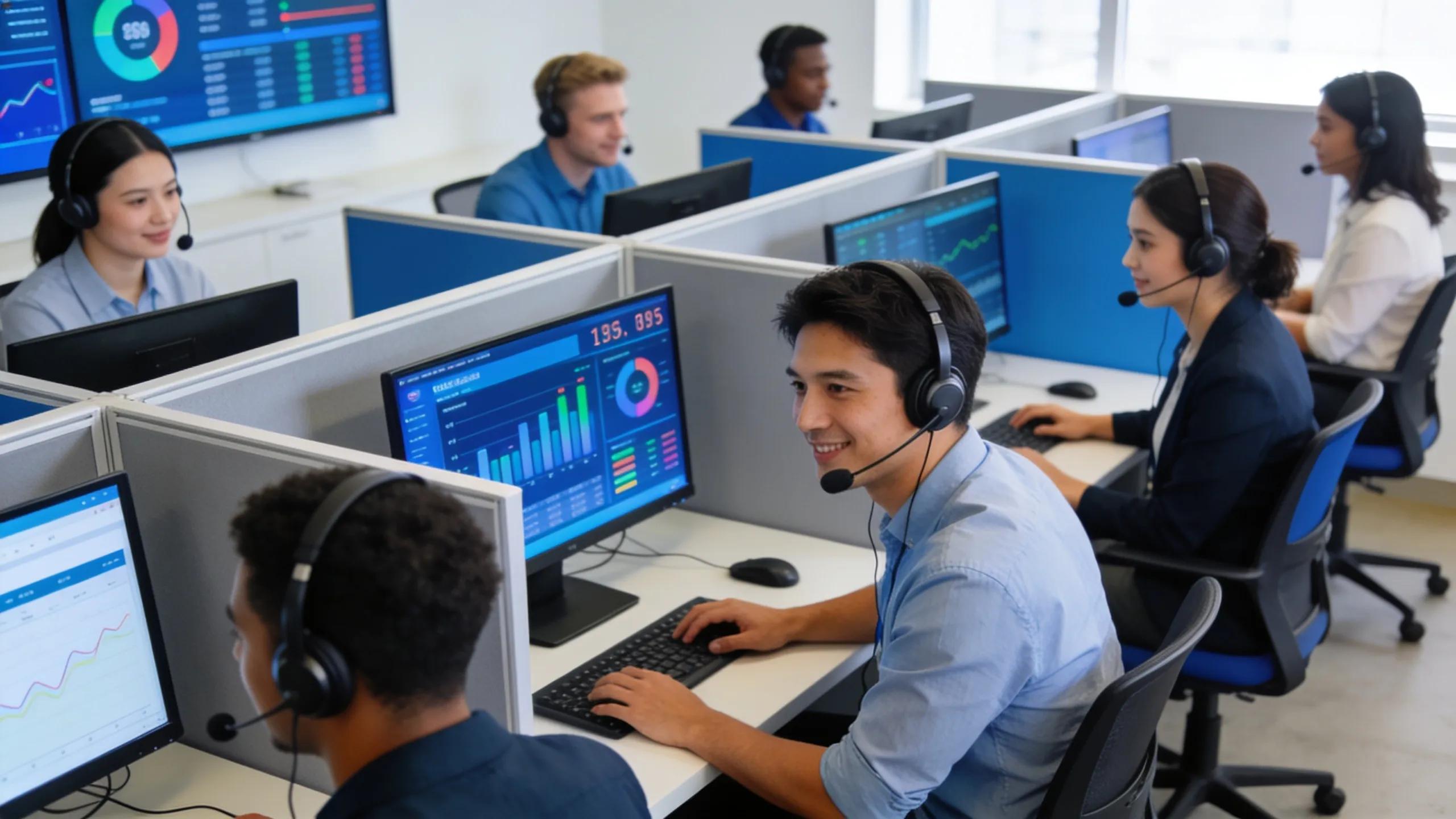 Modern contact center with diverse agents engaging in customer support