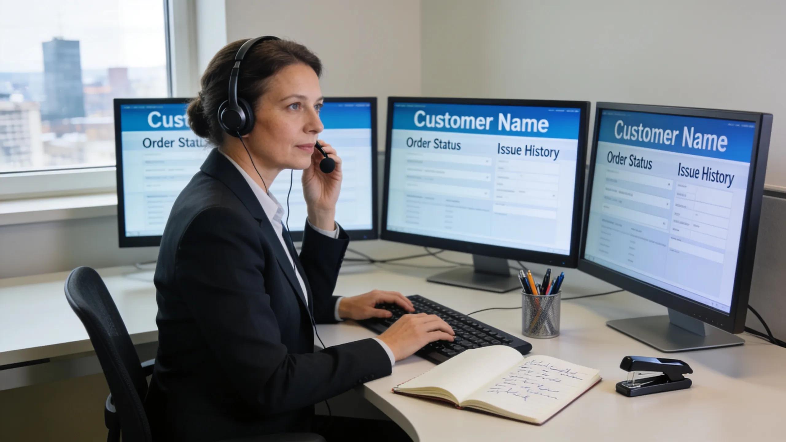 Professional customer service representative handling calls in an office