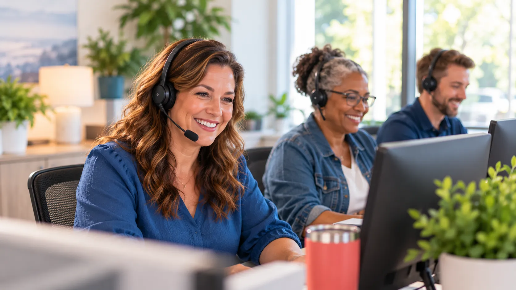 A warm, diverse team of answering service agents smiling while helping callers.